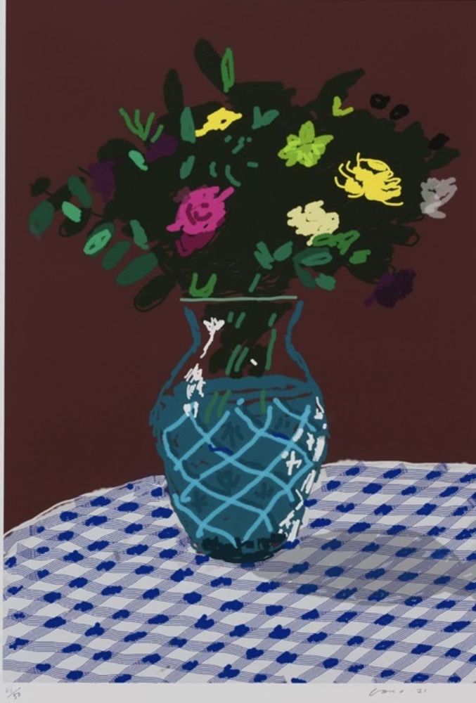 Múltiple Hockney - 21st March 2021, Purple and Yellow Flowers in a Vase