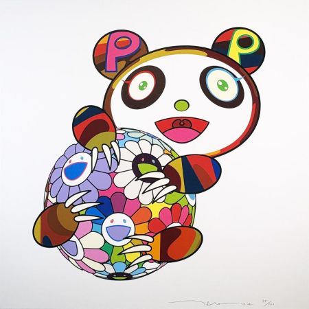 Serigrafía Murakami - A Panda Cub Hugging a Ball of Flowers