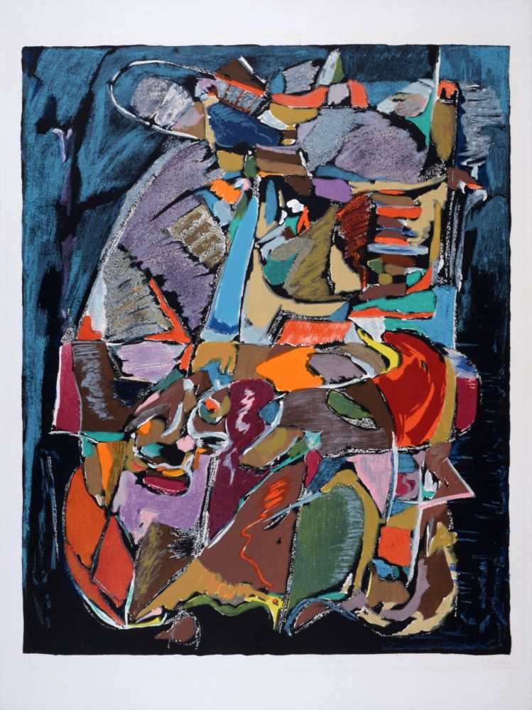 Litografía Lanskoy - Abstract composition on Blue - Hand-signed & numbered