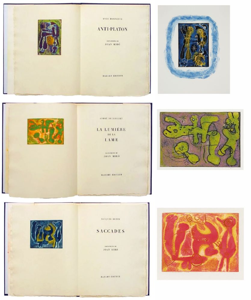 Libro Ilustrado Miró - ANTI-PLATON - LA LUMIÈRE DE LA LAME - SACCADES. 3 volumes. 24 EAUX-FORTES AVEC SUITE COMPLÈTE (1962).