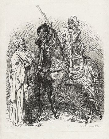 Grabado Chassériau - Arabe montant en selle / Cavalier arabe partant pour la guerre