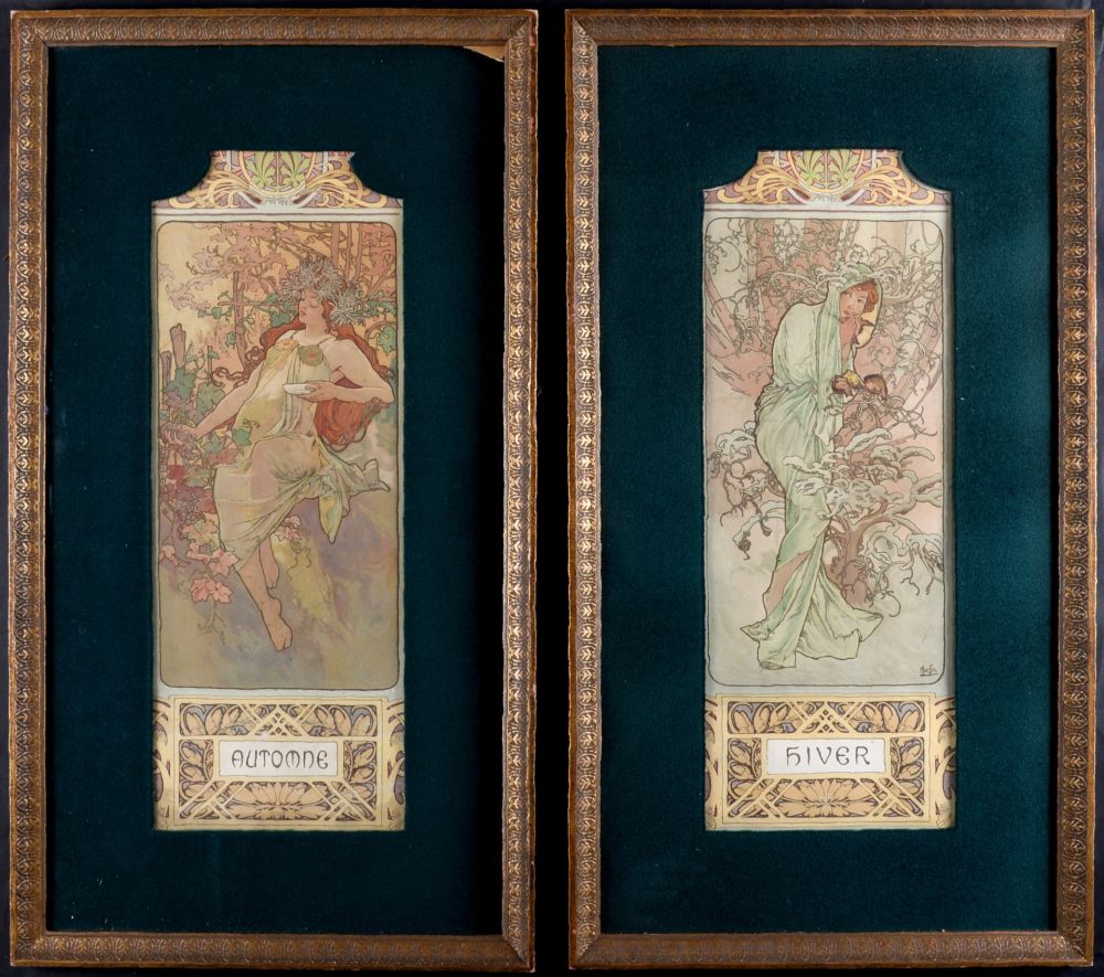 Litografía Mucha - Automne & Hiver, 1896 - Set of 2 original decorative lithograph panels - Framed !