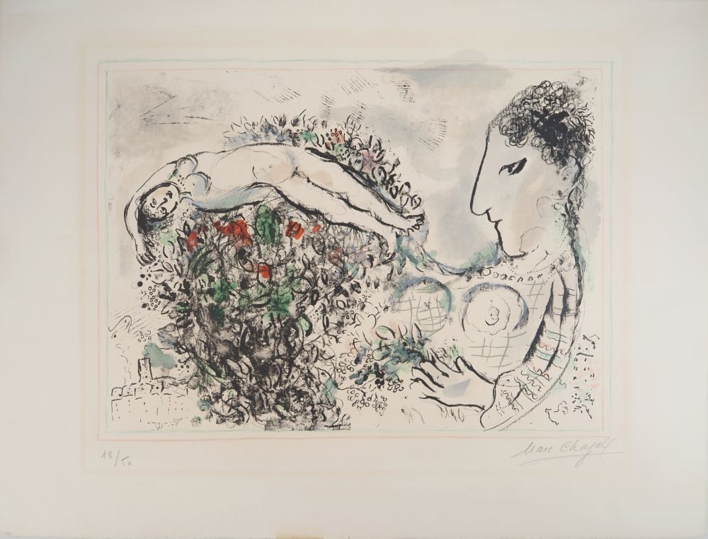 Litografía Chagall - Autoportrait au bouquet et nu