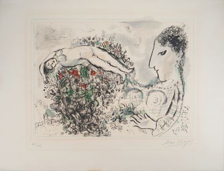 Litografía Chagall - Autoportrait au bouquet et nu