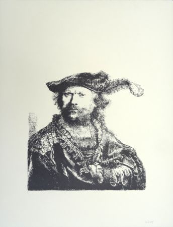 Litografía Rembrandt - Autoportrait au béret et à la plume