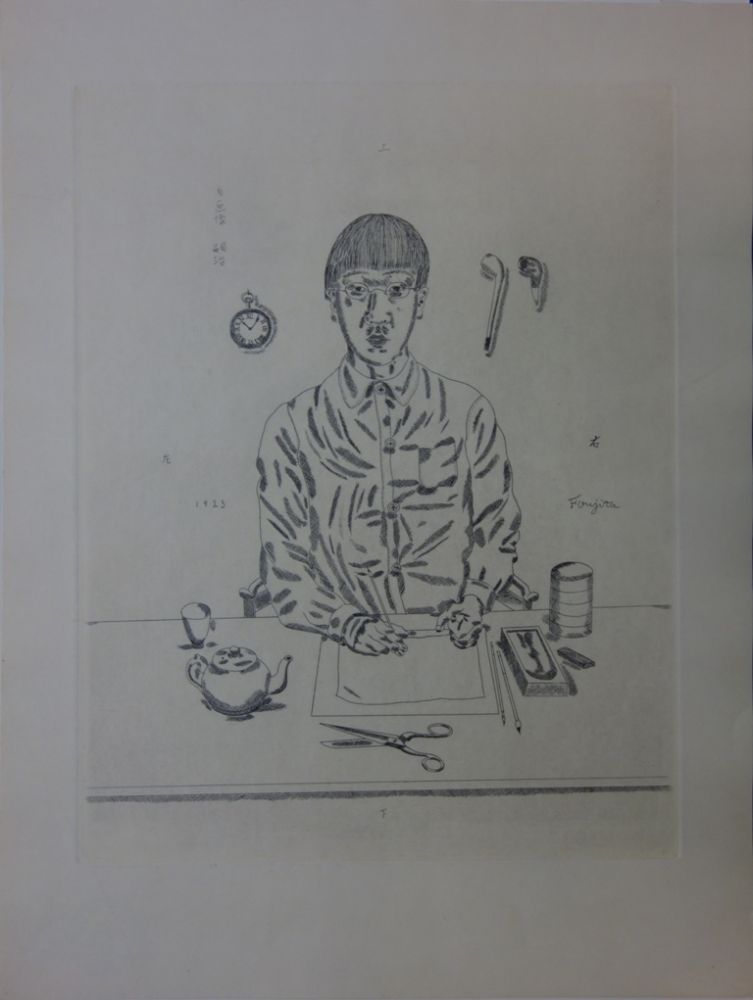 Grabado Foujita - Autoportrait à la table de travail