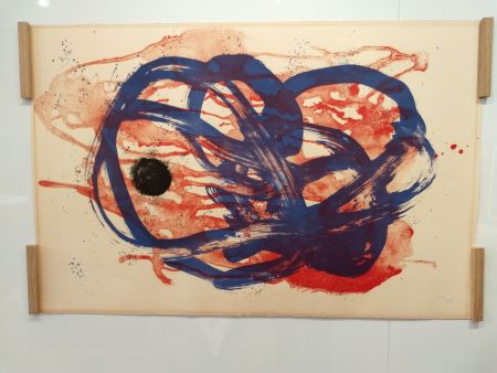 Litografía Miró - Azul sobre aguada roja