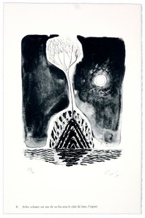 Litografía Nørgaard - B. Abre solitaire sur une ile sous le clair de lune, l'espoir