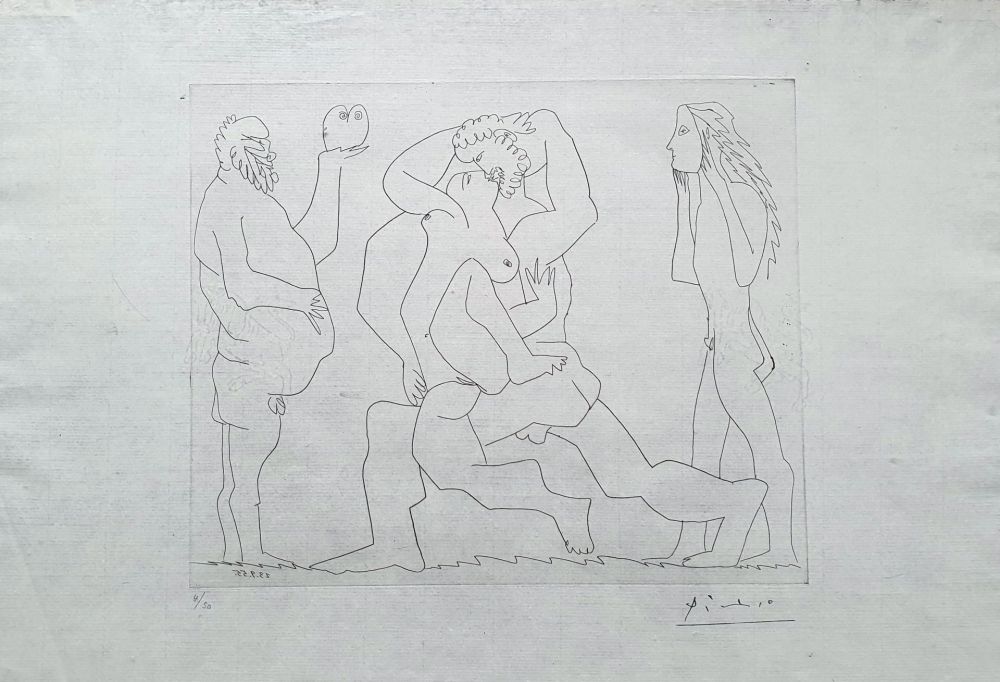 Grabado Picasso - Bacchanale au hibou et au jeune homme masqué