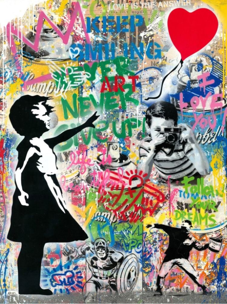 Sin Técnico Mr. Brainwash - Balloon Girl - Banksy Record - Unique Mixed Media Stencil