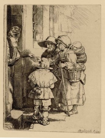Grabado Rembrandt - Beggars Receiving Alms at the Door of a House