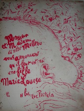 Litografía Bonnard -  Billet de naissance de Marie Louise Mellerio