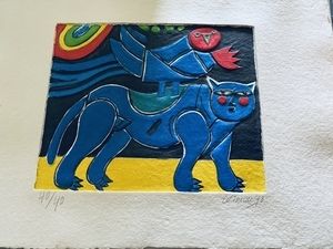 Carborundo Corneille - Blauer Vogel mit Katze