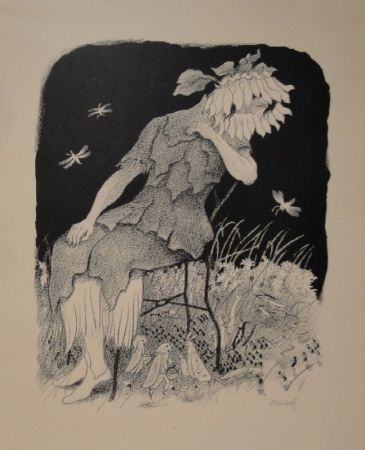 Litografía Kreidolf - Blumenmädchen auf Stuhl sitzend, nach links unten zu Heuschrecken, Ameisen und Faltern blickend.