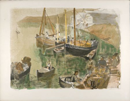 Litografía Clairin - Boats in Harbor, c. 1955 - Hand-signed!