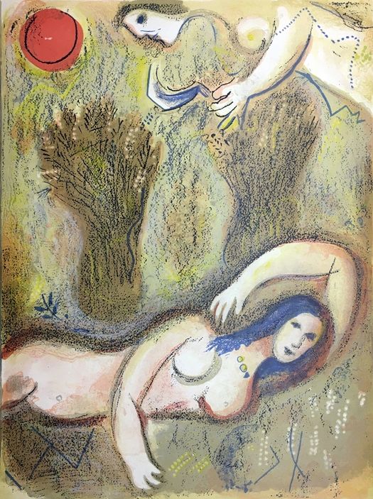 Litografía Chagall - BOOZ SE RÉVEILLE ET VOIT RUTH À SES PIEDS (Dessins pour la Bible 1960)