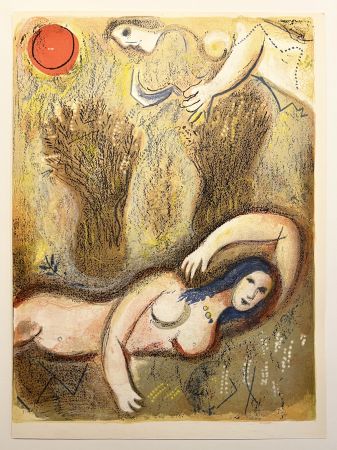 Litografía Chagall - BOOZ SE RÉVEILLE ET VOIT RUTH À SES PIEDS (Dessins pour la Bible 1960)