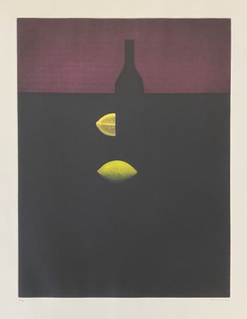 Manera Negra Hamaguchi - Bottles with Lemon and Red Wall