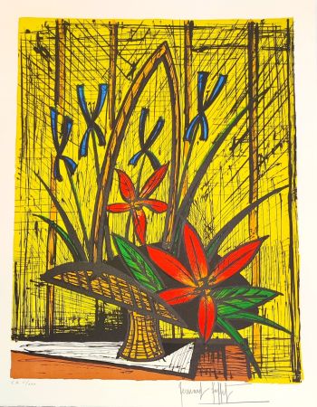Litografía Buffet - Bouquet aux Iris et fleurs rouges 