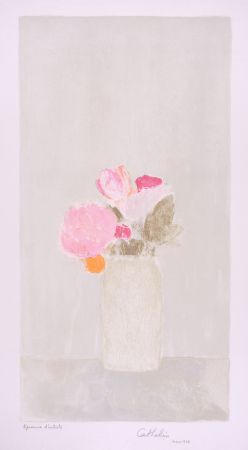 Litografía Cathelin - Bouquet de roses au fond gris - Bouquet of roses on a grey background