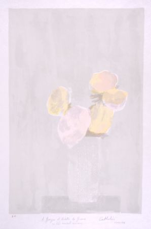 Litografía Cathelin - Bouquet rose au fond gris - Pink bouquet on a grey background
