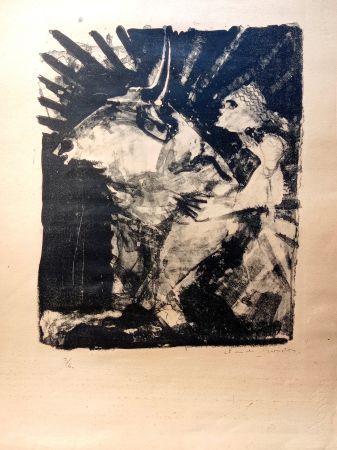 Litografía Garache - Boy Riding a Bull, Rare Hand signed Lithograph, cca 40-50's 