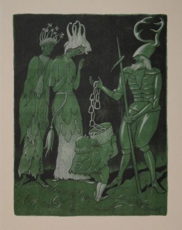 Litografía Kreidolf - Brautwerbung. Käfer-Ritter, von einem Zwerg begleitet, wirbt mit einer Kette um das Akelei- und Rapunzel-Fräulein. 
