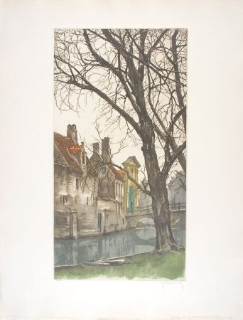 Aguafuerte Hebbelinck - Bruges : Les grands arbres du Béguinage.