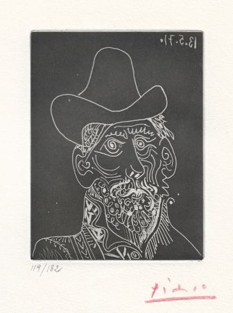 Aguatinta Picasso -  Buste d'homme barbu au chapeau 