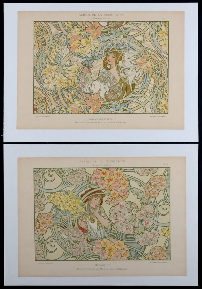 Litografía Mucha - Byzantine & Langage des Fleurs, c. 1900 - Rare set of 2 original lithographs!