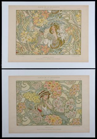 Litografía Mucha - Byzantine & Langage des Fleurs, c. 1900 - Rare set of 2 original lithographs!