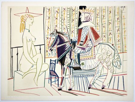 Litografía Picasso - Cavalier costumé et modèle 2 (La Comédie Humaine - Verve 29-30. 1954).