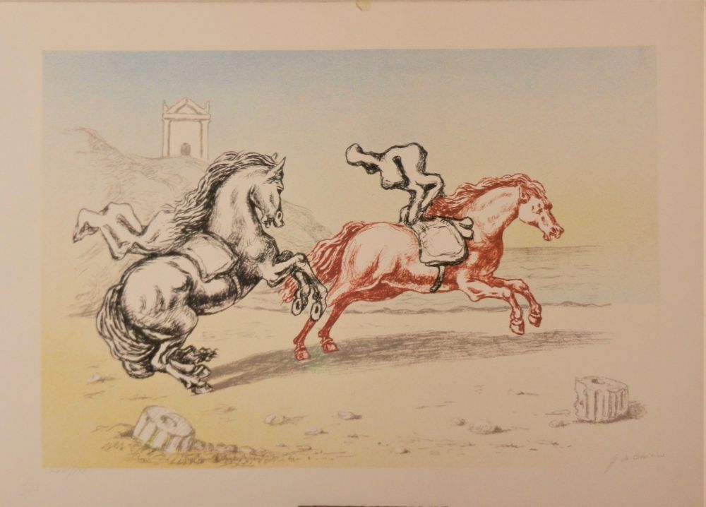 Litografía De Chirico - Cavalli sulla riva dell'Egeo