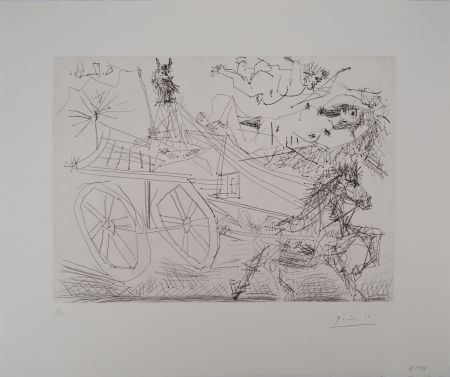 Grabado Picasso - Charrette foraine conduite par un petit animal, avec nu et amour dans le ciel