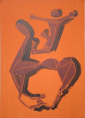 Litografía Marini - Cheval et cavalier sur fond orange