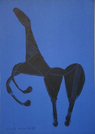 Litografía Marini - Cheval sur fond bleue