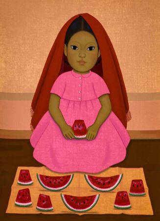 Grabado En Madera Montoya - Chica con sandia