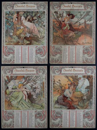 Litografía Mucha - Chocolat Masson / Chocolat Mexicain, 1897 - A set of four original lithographs in colors
