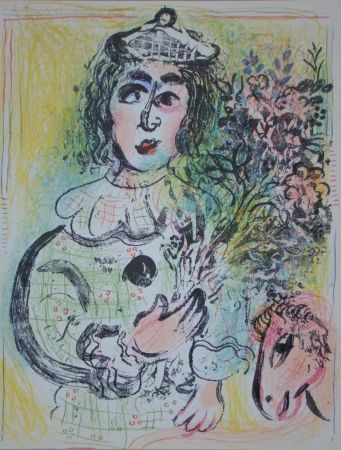 Litografía Chagall - Clown avec des fleurs