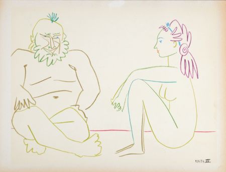 Litografía Picasso - Clown & nude woman, 1954