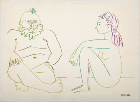 Litografía Picasso - Clown & Nude Woman, 1954