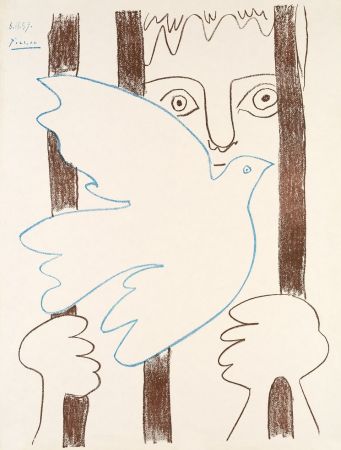 Cartel Picasso - Colombe Bleue Volant devant des Barreaux