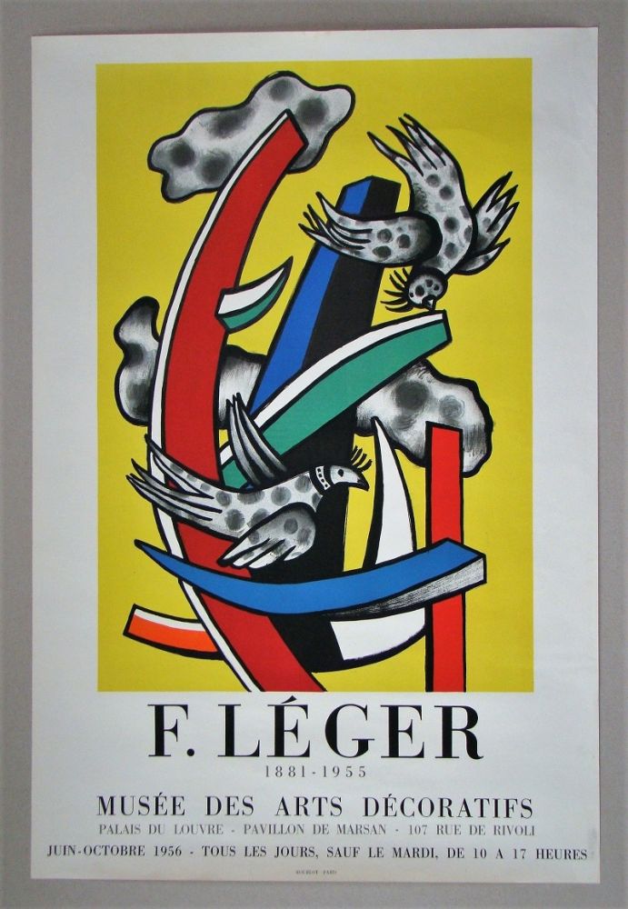 Cartel Leger - Composition aux deux oiseaux sur fond jaune, 1955