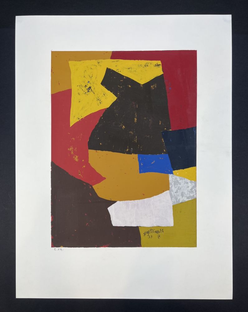 Serigrafía Poliakoff - Composition brune, ocre, blanche et rouge