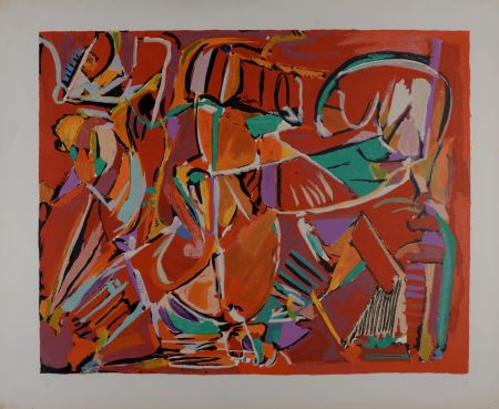 Litografía Lanskoy - Composition sur fond rouge, circa 1968 - Hand-signed