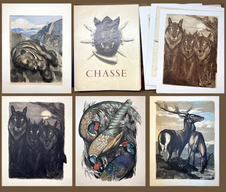 Libro Ilustrado Jouve - Comte de Brissac. CHASSE. 17 lithographies + suite + aquarelle originale de PAUL JOUVE (1956)