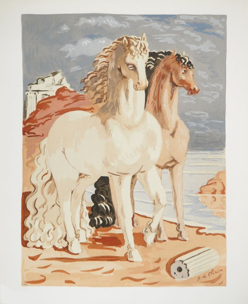 Litografía Chirico (De) - Couple de chevaux dans un paysage mythologique, c