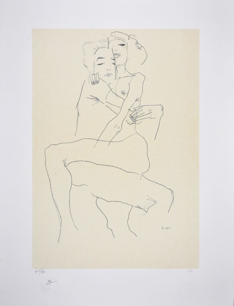 Litografía Schiele - Couple enlacé / couple embracing - 1911