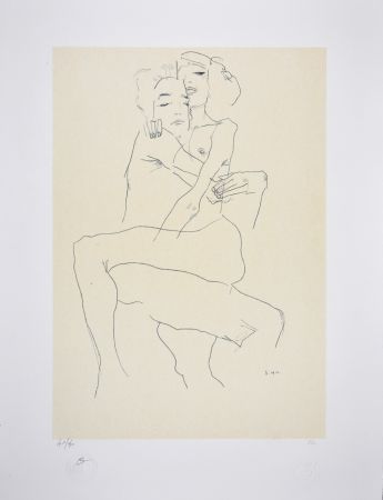 Litografía Schiele - Couple enlacé / couple embracing - 1911
