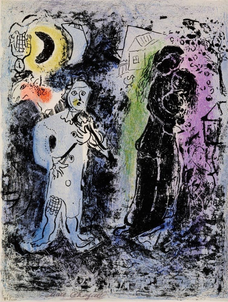 Litografía Chagall - Couple noir au musicien